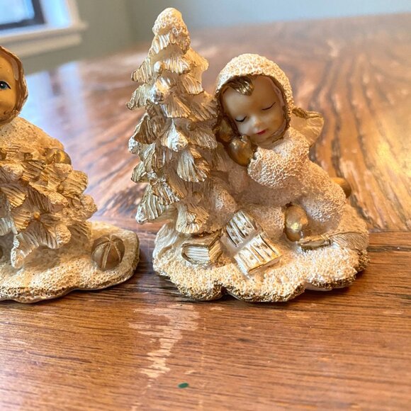 Vintage Hand-Painted Angel Figurines With Christmas Trees & Gold Accents - Set O - Picture 3 of 7